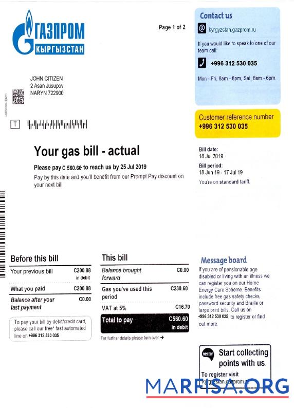 Printable Kyrgyzstan gas utility bill template fully, editable in PSD format